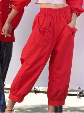 Batsheva Red Twill Tie Knot Pocket Balloon Harem Pants